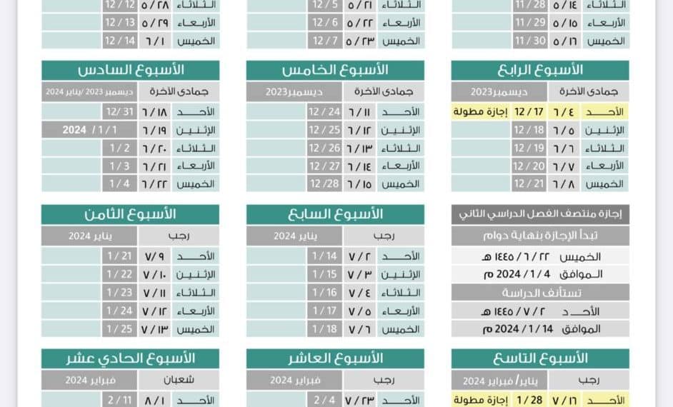 توزيع الأسابيع الدراسية 1445