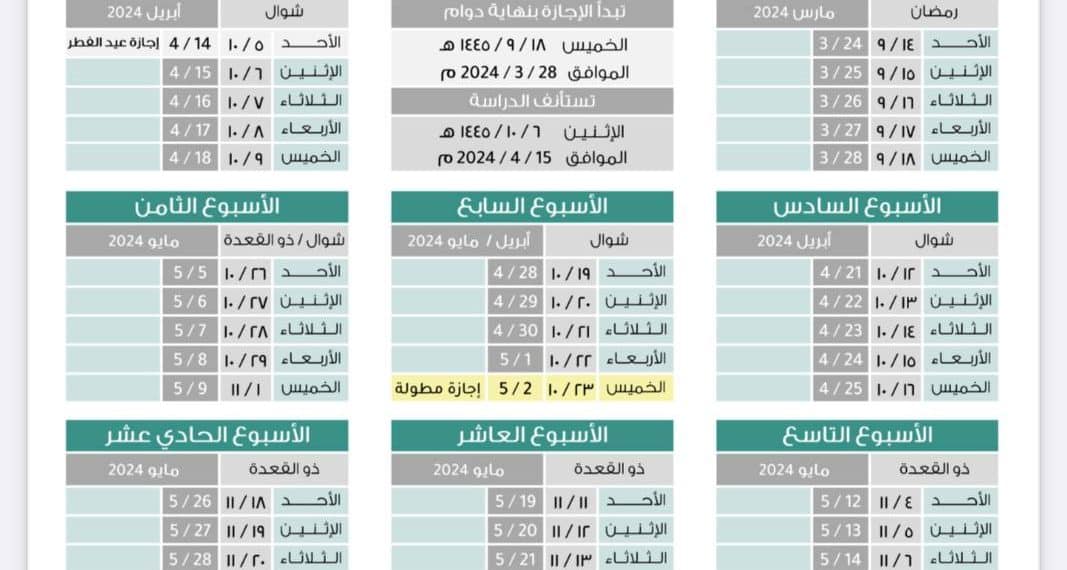 توزيع الأسابيع الدراسية 1445